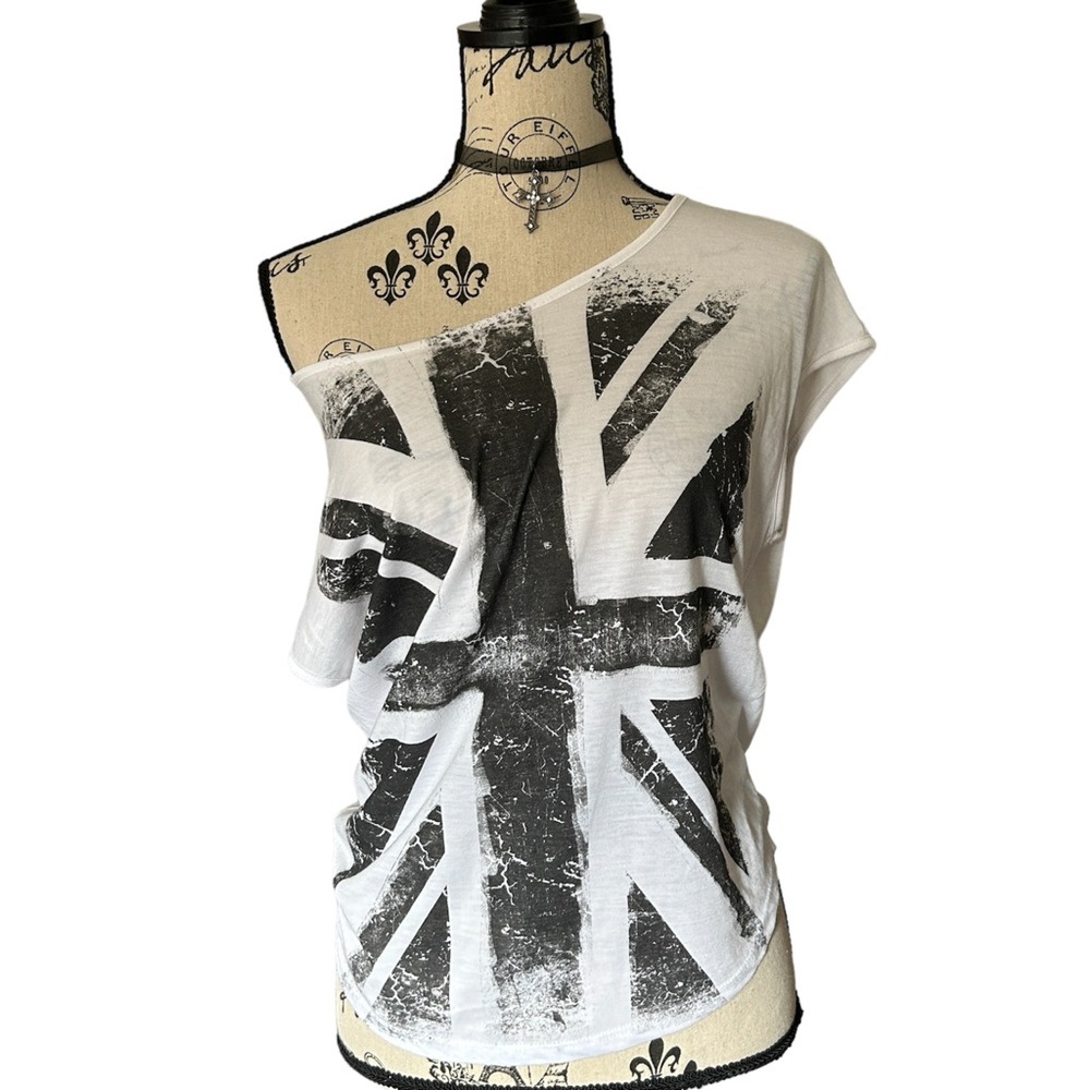 Y2K Grunge White and Grey British Flag Graphic Distressed Top - Picture 3 of 5